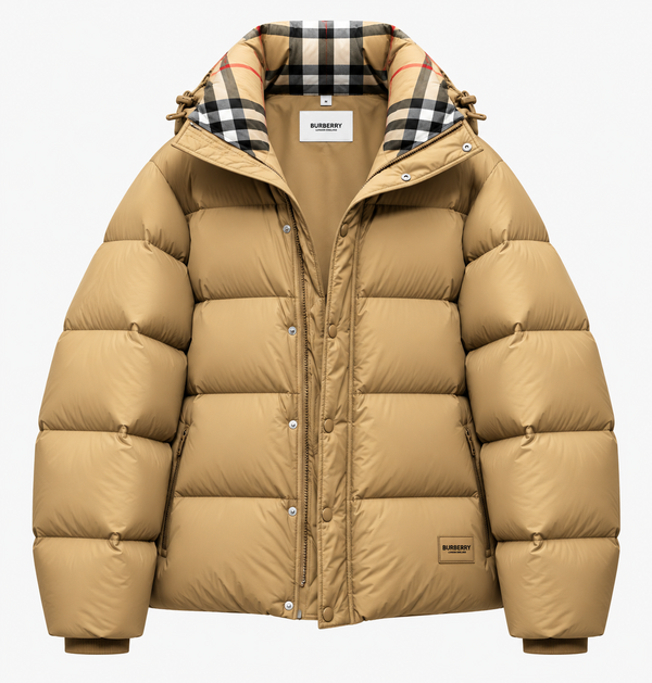 Burberry Puffer Jacket with Plaid Hood Lining featuring a stylish design and padded exterior.