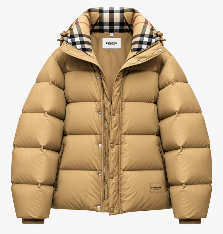 Burberry Puffer Jacket with Plaid Hood Lining