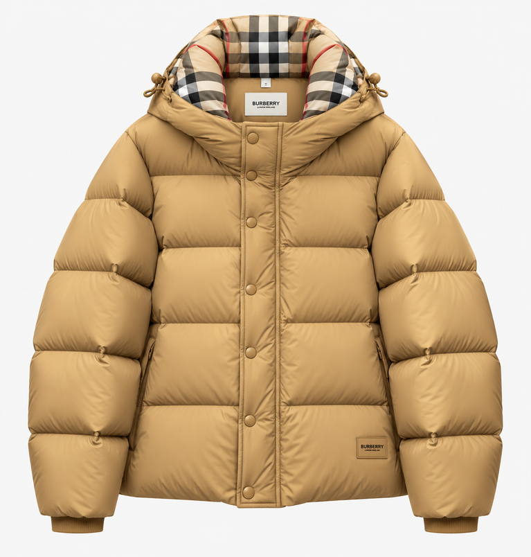 Burberry Puffer Jacket with Plaid Hood Lining