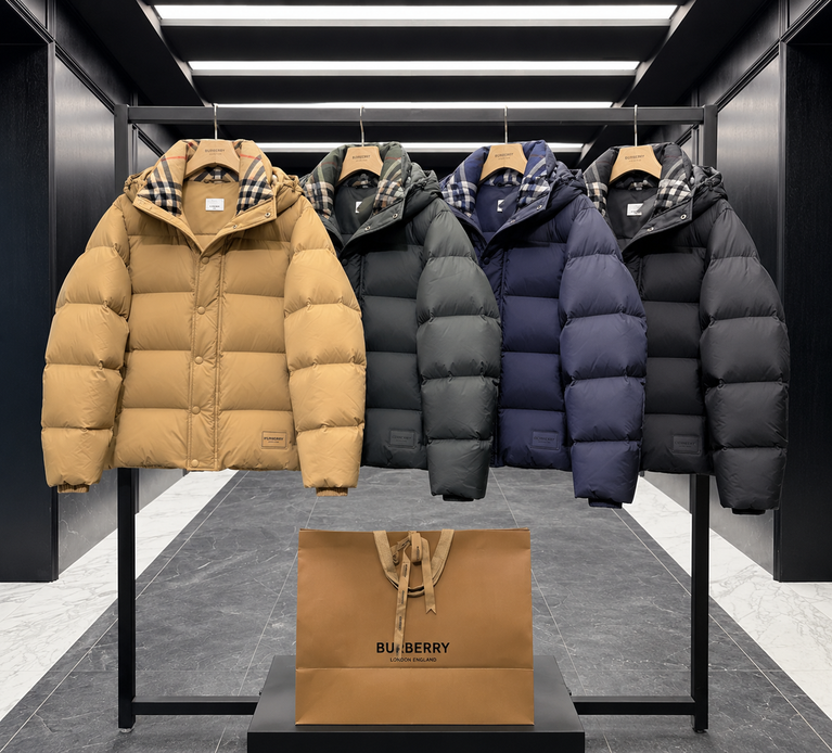 Burberry Puffer Jacket with Plaid Hood Lining