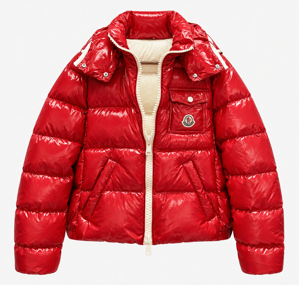 Moncler Glossy Hooded Puffer Jacket in shiny red with a zipper and hood, perfect for winter fashion.