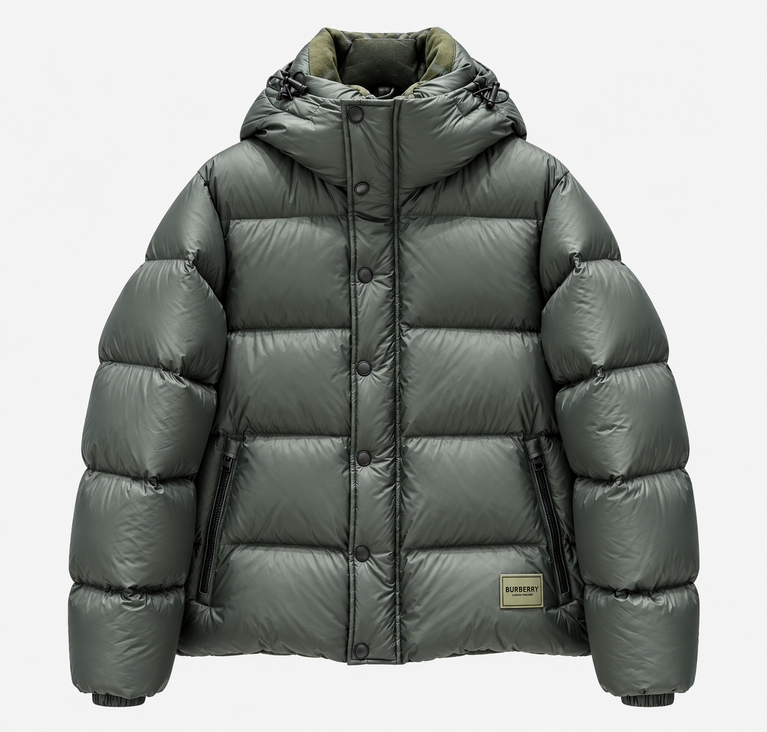 Burberry Puffer Jacket with Plaid Hood Lining