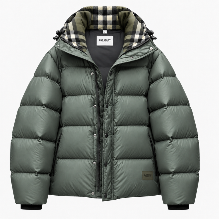 Burberry Puffer Jacket with Plaid Hood Lining