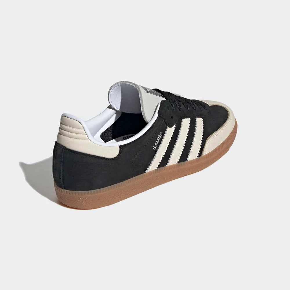 Adidas Samba OG Core Black Wonder White sneaker in black and white with gum sole, showing side view and back detail.