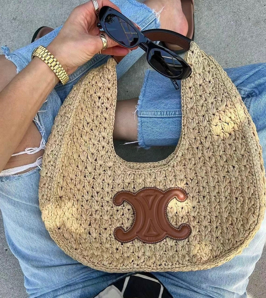 Celine Classic Panier Hobo Bag Raffia & Calfskin Leather