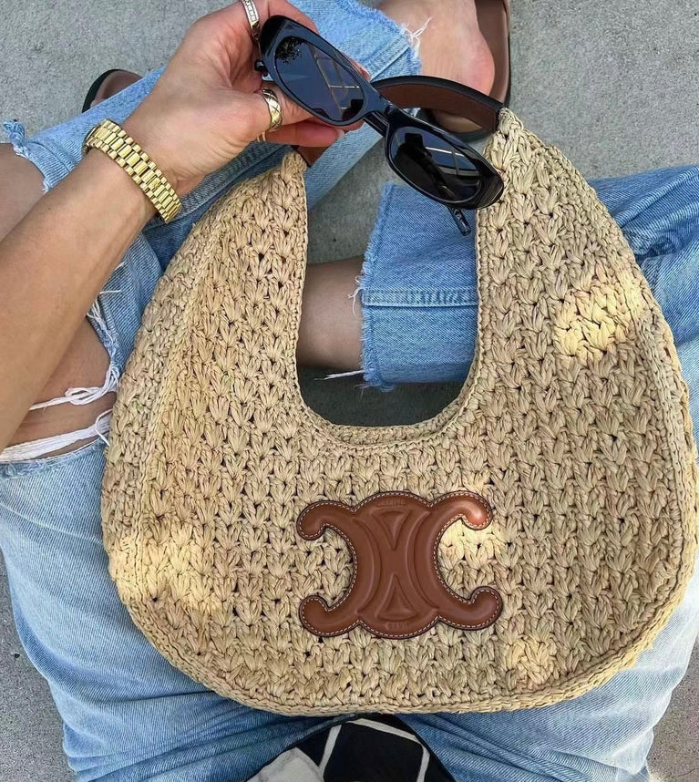 Celine Classic Panier Hobo Bag Raffia & Calfskin Leather