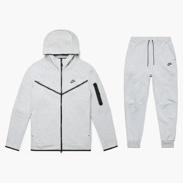 Nike Sportswear Tech Fleece Hoodie & Joggers Set Grey displayed on a white background.