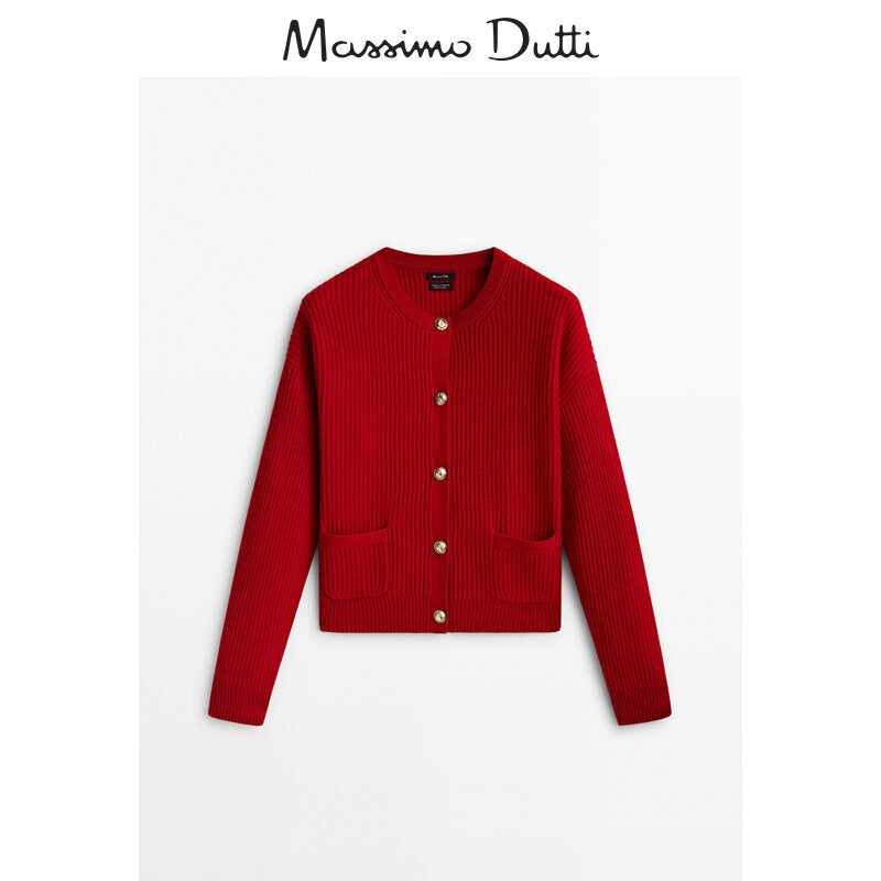 Red cardigan with button details on a white background, featuring Massimo Dutti branding.