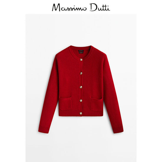 Red cardigan with button details on a white background, featuring Massimo Dutti branding.
