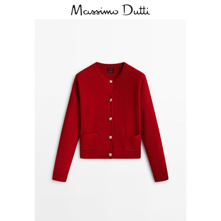 Red cardigan with button details on a white background, featuring Massimo Dutti branding.