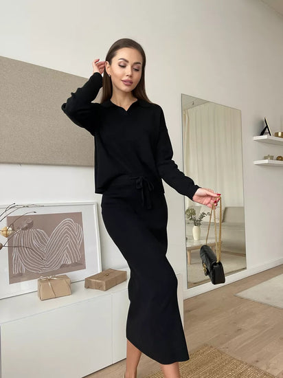 Woman in Chic Elegant Soft Knit Sweater with Skirt Set