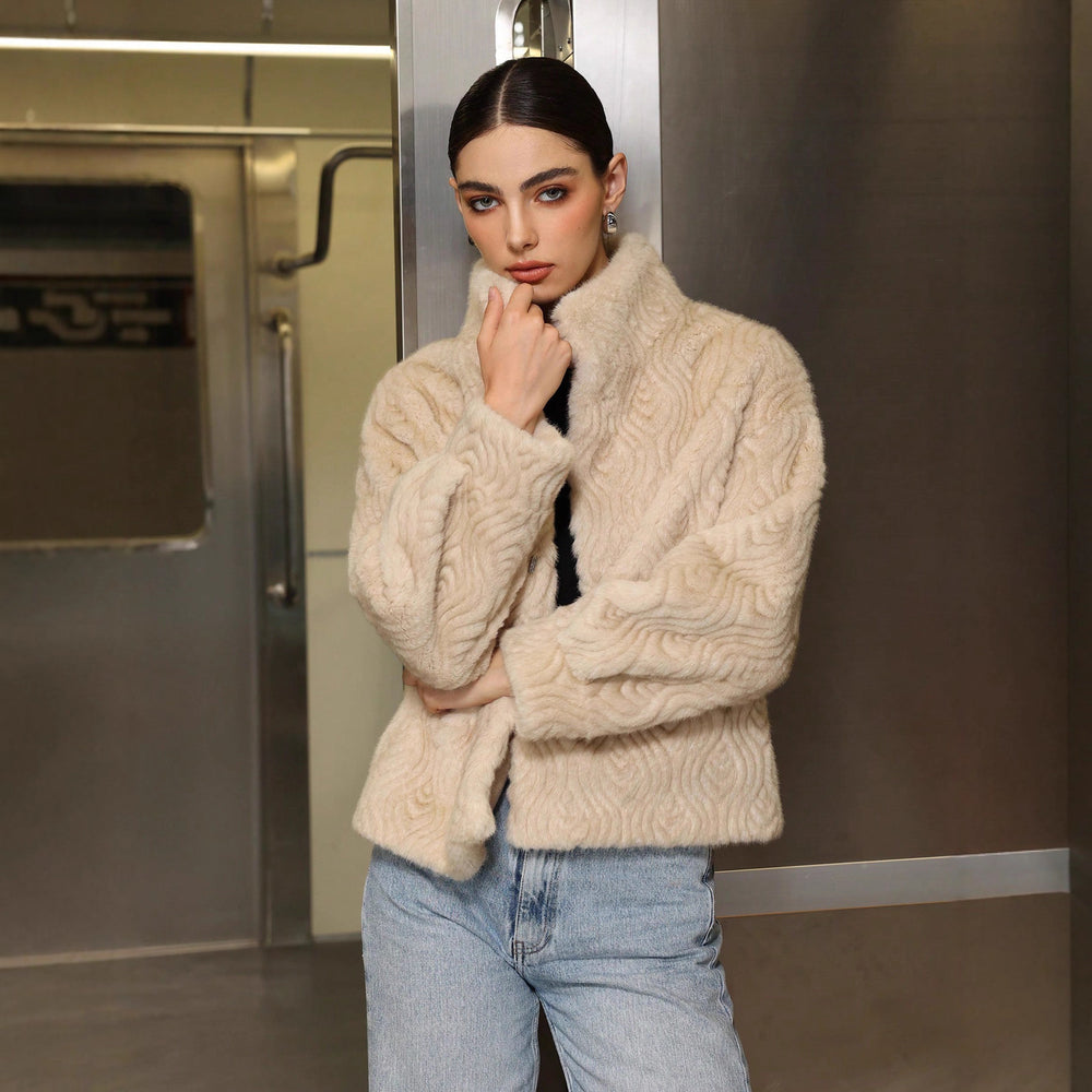 Beige Textured Faux Fur Jacket with High Collar