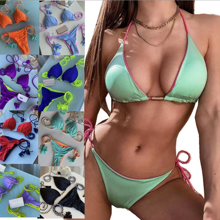 Multicolor Triangle Bikini with Braided Straps