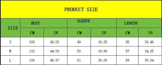 Product size chart with measurements in centimeters and inches on a yellow background
