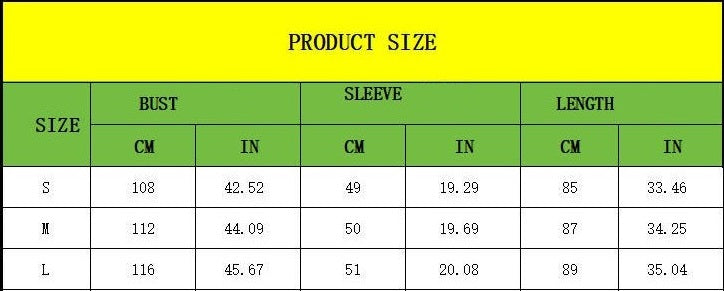 Product size chart with measurements in centimeters and inches on a yellow background