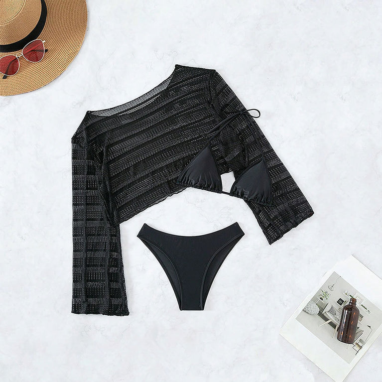 Women's Three-Piece Swimsuit with Mesh Cover-Up
