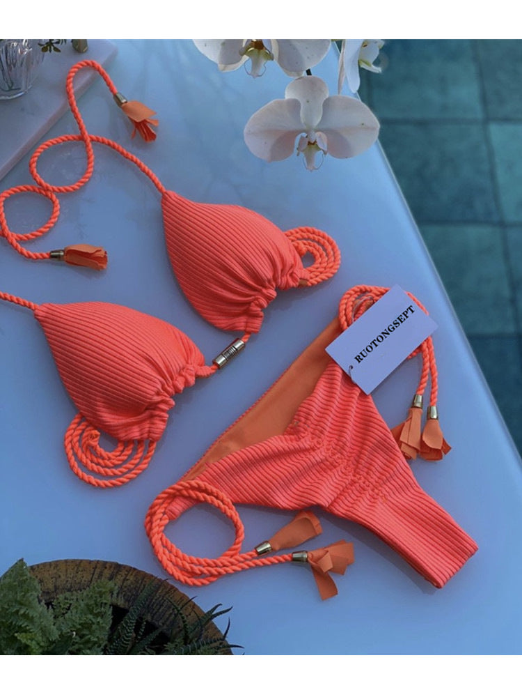 Multicolor Triangle Bikini with Braided Straps