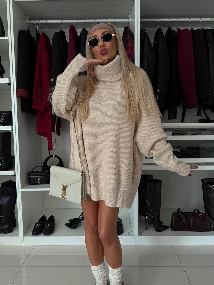 Women's High Necked Long Knitted Sweater