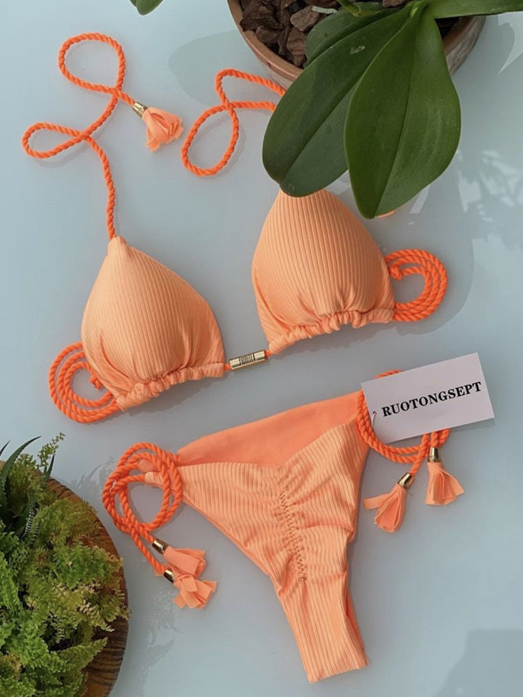 Multicolor Triangle Bikini with Braided Straps