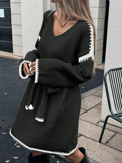 Woman wearing a black Womens Knit V-Neck Midi Dress Tie-Waist Loose Autumn Style at Volonka.