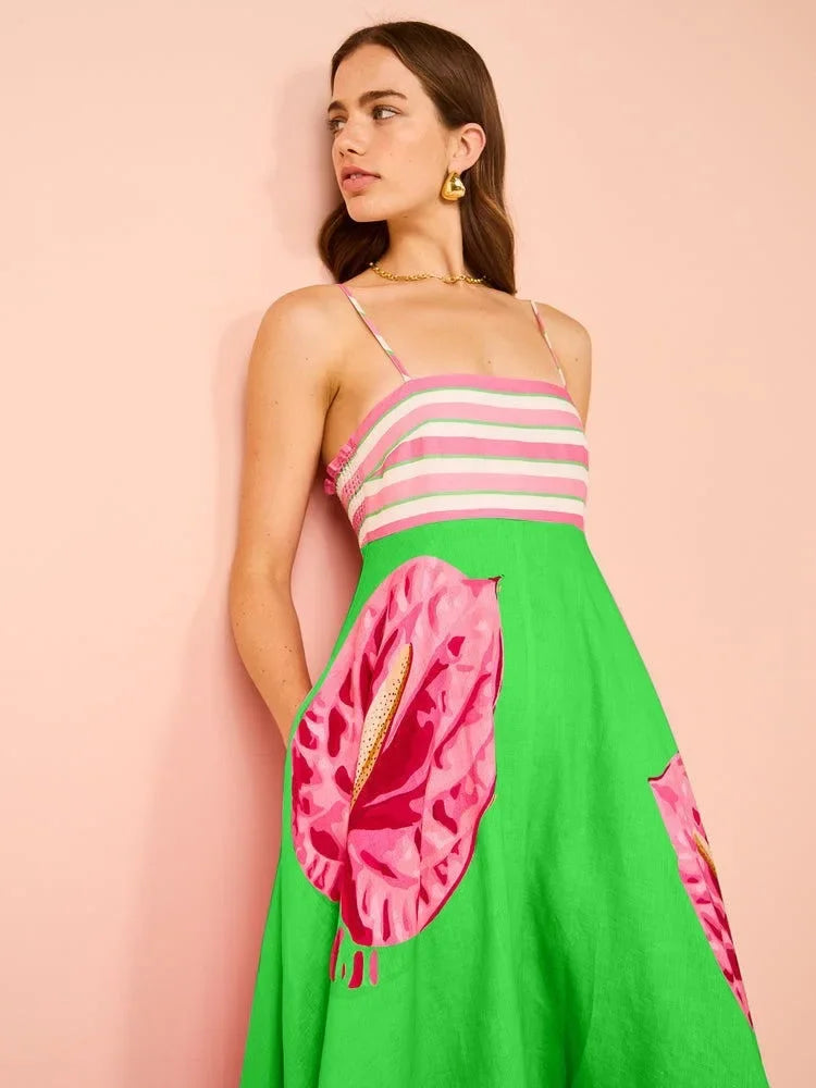 Ärmelloses, bedrucktes Slip-Kleid mit hoher Taille