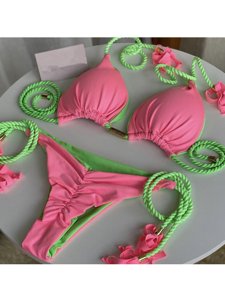Multicolor Triangle Bikini with Braided Straps