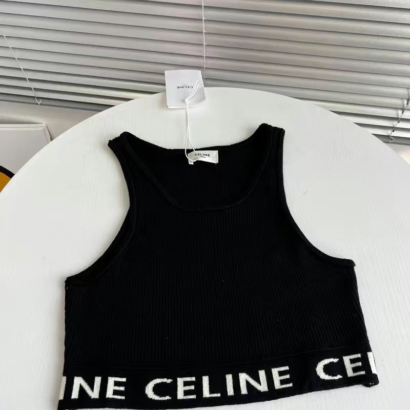 Black tank top with Celine branding on a white surface. Celine original Bra In Athletic Knit in volonka store