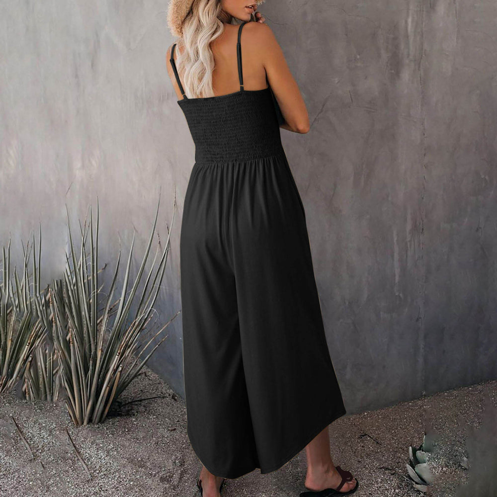 Woman wearing a black jumpsuit. Women's Summer Breathable Casual Jumpsuit