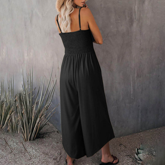 Woman wearing a black jumpsuit. Women's Summer Breathable Casual Jumpsuit