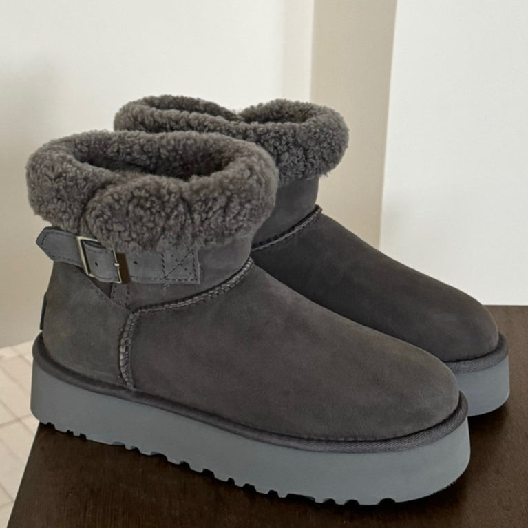 UGG gray suede boots with fuzzy trim, UGG Furry Belted Women's Snow Boot with Thick Platform Sole at Volonka