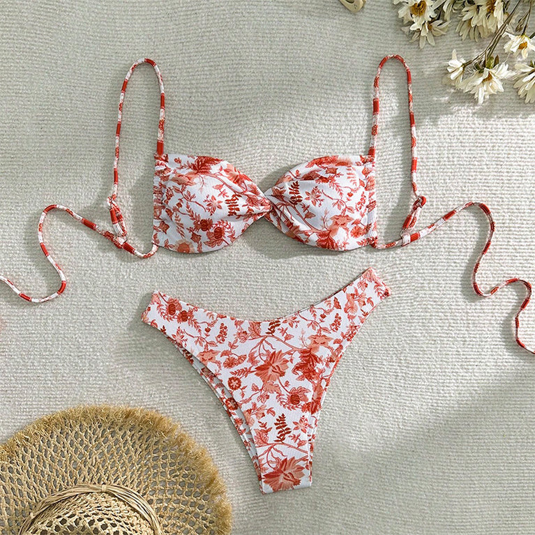 Women's Hot Floral Lace-up Beach Bikini Swimsuit