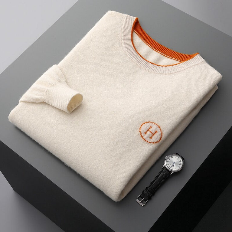 Hermes Men's Cashmere Knitwear Luxury Warm Sweater displayed with a watch on a gray background.