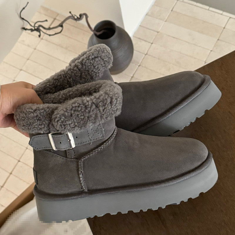 Gray suede UGG Furry Belted Women's Snow Boot with Thick Platform Sole at Volonka