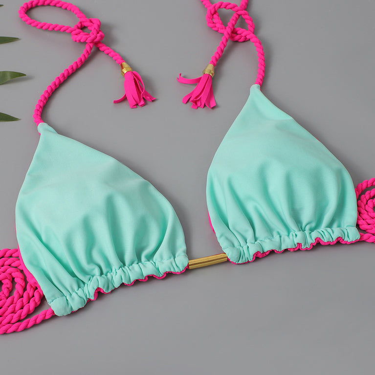Multicolor Triangle Bikini with Braided Straps