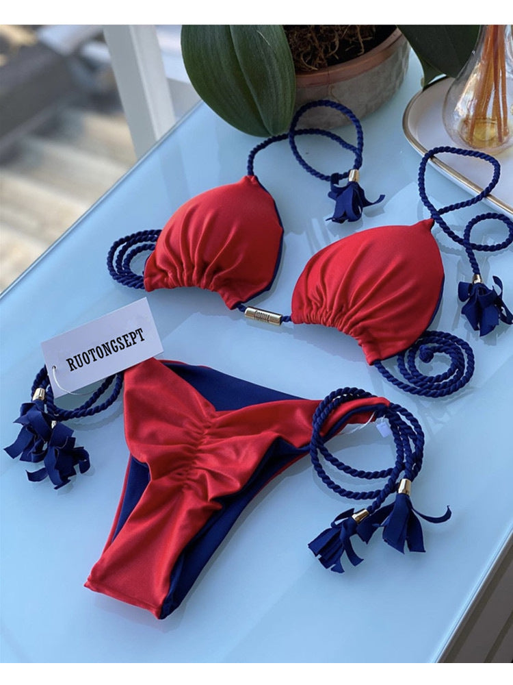 Multicolor Triangle Bikini with Braided Straps