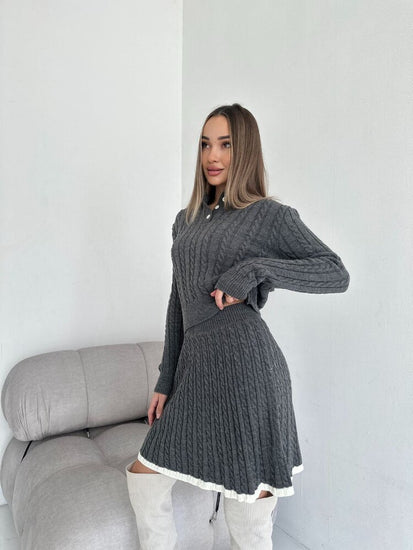 Woman wearing a gray Casual Knitted Sweater and Skirt Two-Piece Set