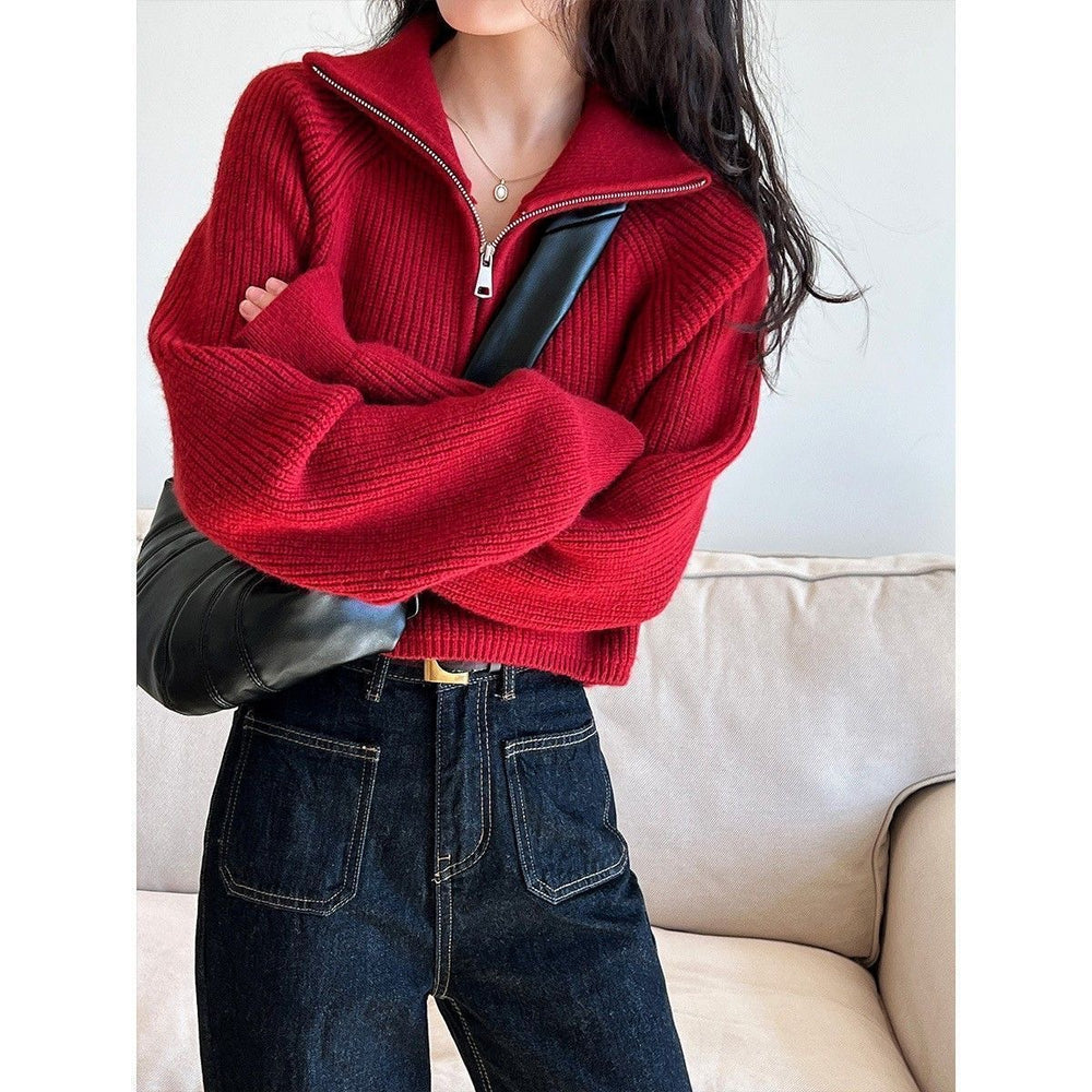 Knitted Zipper Lapel Loose Slimming Sweater for Women