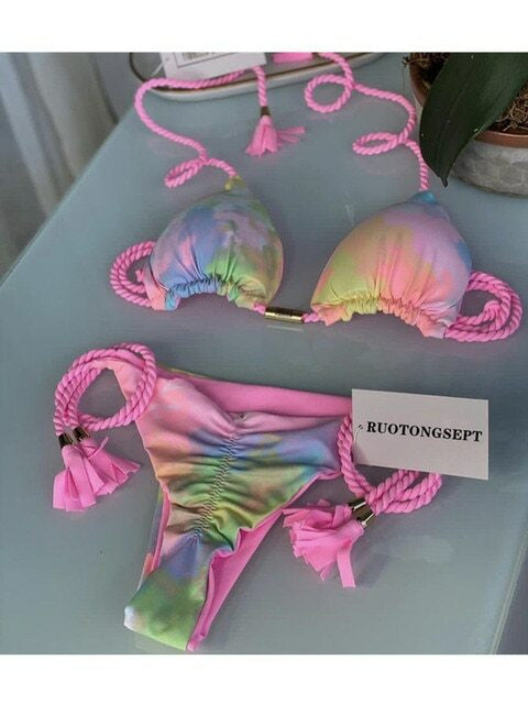 Multicolor Triangle Bikini with Braided Straps