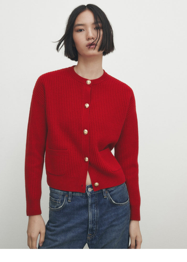 Massimo Dutti Women's Red Wool Knitted Cardigan Jacket
