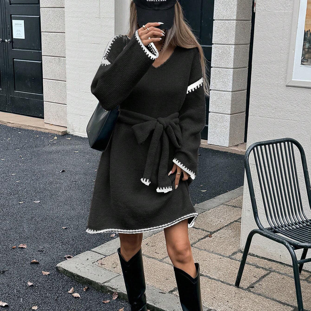 Womens Knit V-Neck Midi Dress Tie-Waist Loose Autumn Style – Volonka Womens Knit V-Neck Midi Dress Tie-Waist Loose Autumn Style – Volonka