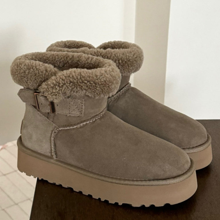 UGG gray suede boots. UGG Furry Belted Women's Snow Boot with Thick Platform Sole at Volonka