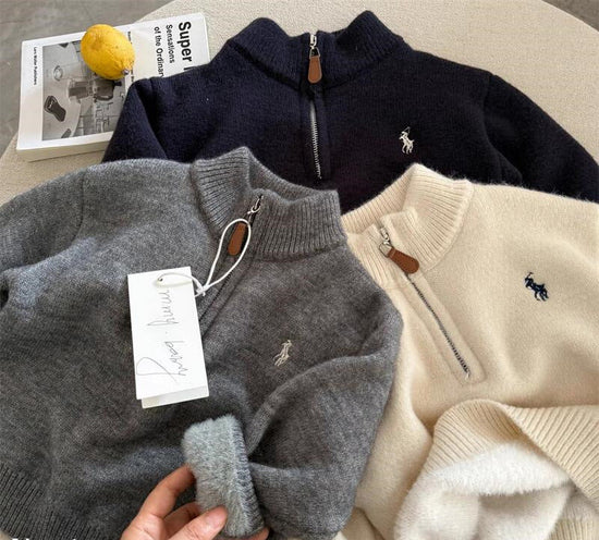 Three Kid's sweaters in gray, navy, and beige with Polo Ralph Lauren at volonka.