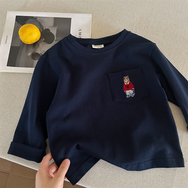Kinder-Baumwoll-T-Shirt mit Bärenmotiv, langärmelig, Frühlings- und Herbstoberteil 