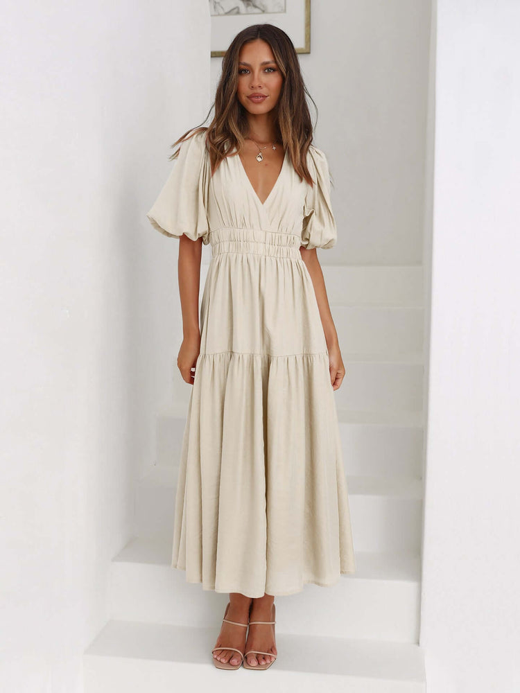 Women's V Neckline Puffed Sleeves Dress