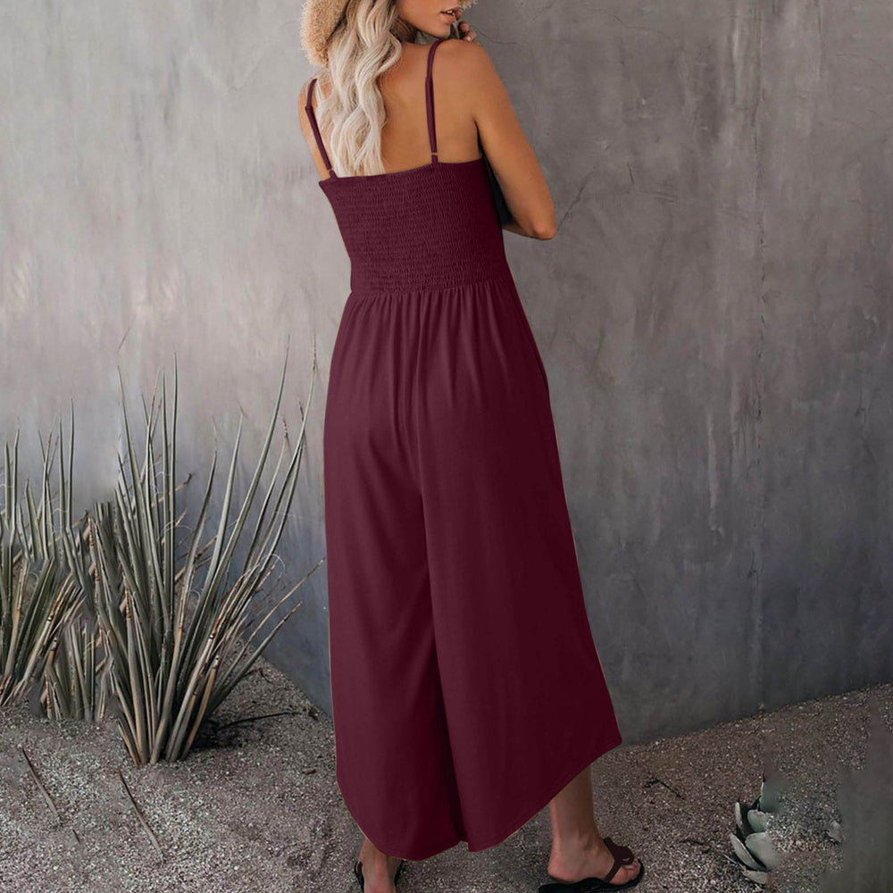 Woman wearing a burgundy dress. Women's Summer Breathable Casual Jumpsuit