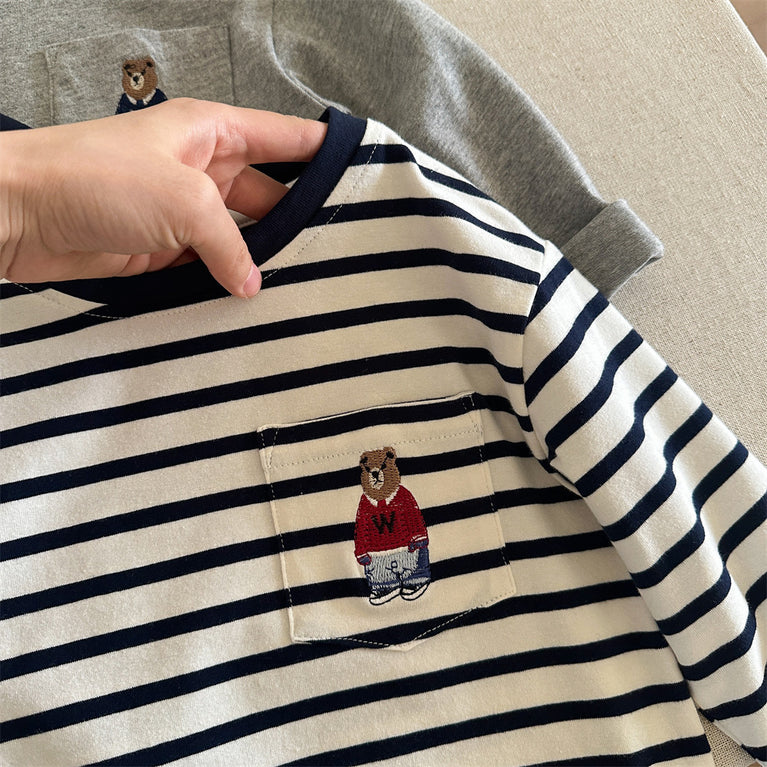 Kinder-Baumwoll-T-Shirt mit Bärenmotiv, langärmelig, Frühlings- und Herbstoberteil 