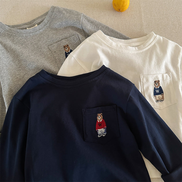 Kinder-Baumwoll-T-Shirt mit Bärenmotiv, langärmelig, Frühlings- und Herbstoberteil 