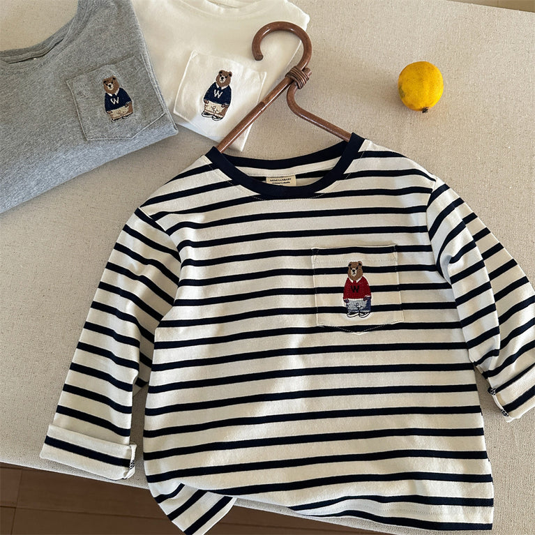 Kinder-Baumwoll-T-Shirt mit Bärenmotiv, langärmelig, Frühlings- und Herbstoberteil 