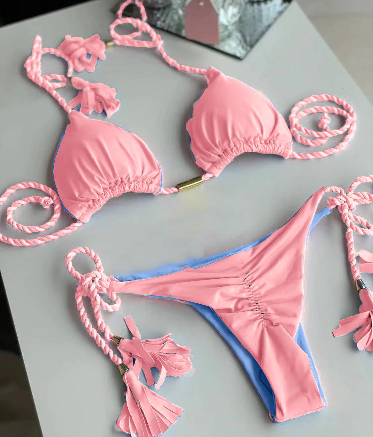 Multicolor Triangle Bikini with Braided Straps