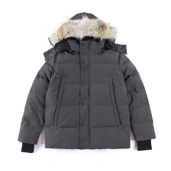 Gray winter jacket with fur-lined hood, Canada Goose Wyndham Parka Goose Men's Winter Jacket at Volonka. 
